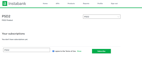 PSD2 subscription with entered name and terms accepted